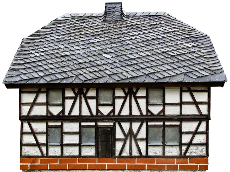 a black and white house with a fire hydrant in front of it, a digital rendering, inspired by Hans Burgkmair, pixabay, renaissance, roofing tiles texture, timbered house with bricks, symmetrical front view, miniature model