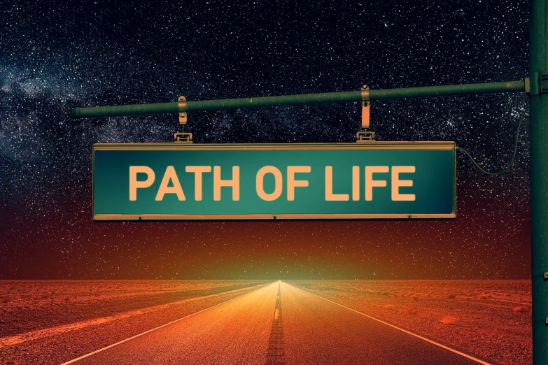 a street sign that says path of life, by Kurt Roesch, shutterstock, digital art, in the art style of filip hodas, 💣 💥, nightlife, beth cavener