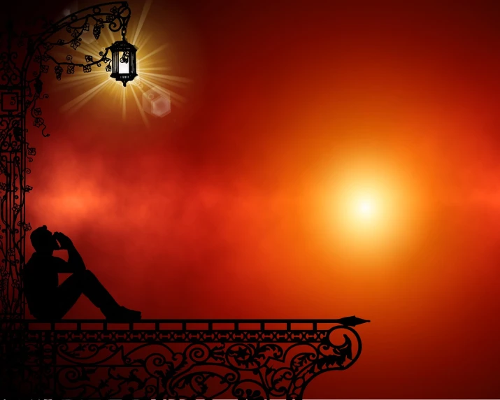 a person sitting on a bench under a street light, romanticism, red background photorealistic, sunrise background, dmt background, lantern light besides