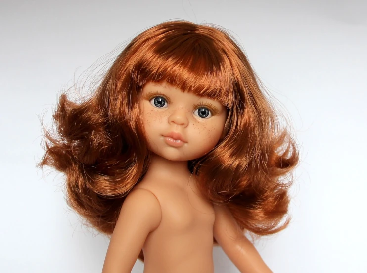 a close up of a doll with red hair, by Zofia Stryjenska, flickr, black wavy hair with bangs, cinnamon #b57e59 skin color, high quality product image”, thumbnail