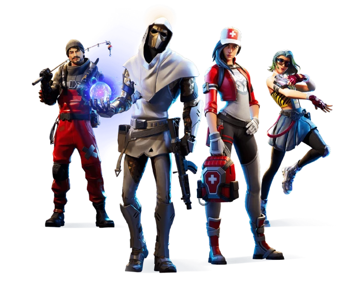 a group of people standing next to each other, concept art, sots art, fortnite character, high-contrast lighting, game icons, first 4 figures