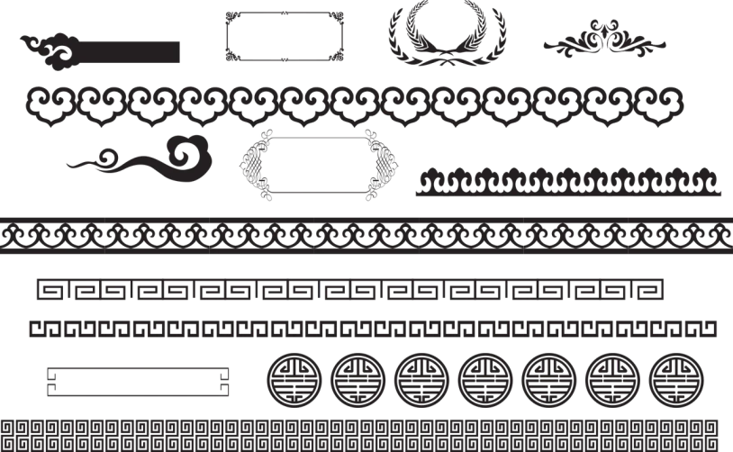 a set of decorative design elements on a black background, a silk screen, inspired by Wang Yi, entirely black full page black, black background), dusk, wide screenshot