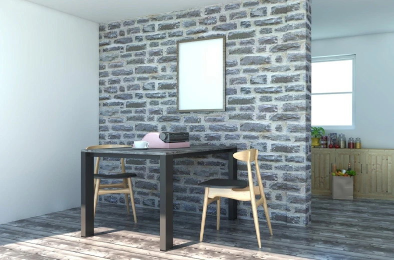 a table and two chairs in front of a brick wall, a digital rendering, by Bernardino Mei, shutterstock, small kitchen, mirror background, bright daylight indoor photo, stone wall