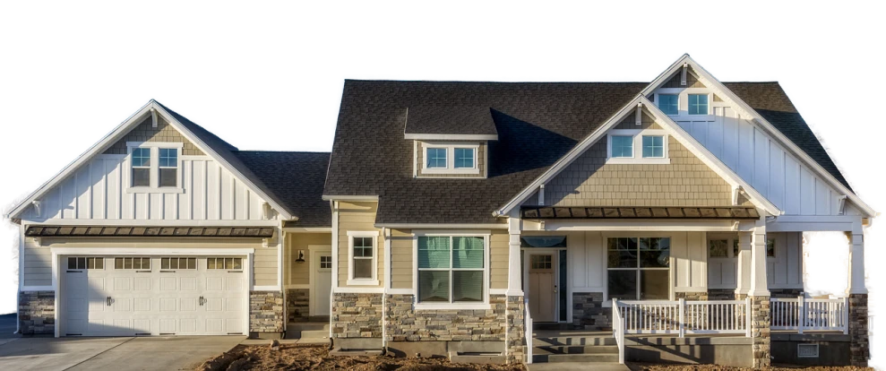 a house with a car parked in front of it, by Jason Felix, shutterstock, photorealism, on black background, craftsman home, panoramic shot, construction