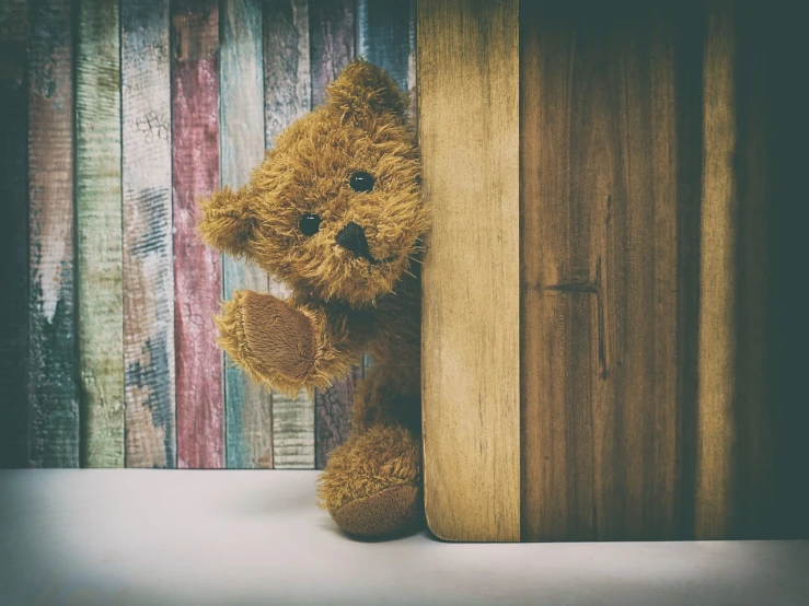 a brown teddy bear leaning against a wooden wall, a stock photo, by Alexander Brook, shutterstock, romanticism, selfie photo, vintage color photo, hiding behind obstacles, standing on a shelf