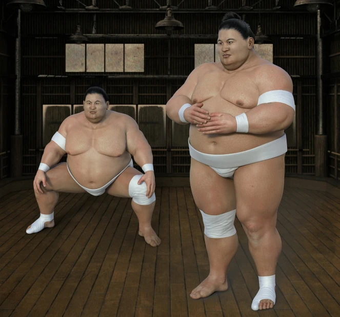 a couple of sumo wrestlers standing next to each other, a digital rendering, shin hanga, fully body photo, iray, lacivious pose, hyper detailed photo