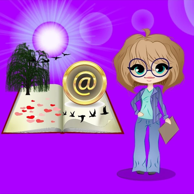 a cartoon girl holding a magnifying magnifying magnifying magnifying magnifying magnifying magnifying magni, an illustration of, inspired by Alison Kinnaird, computer art, reading the book about love, in front of the internet, a beautiful artwork illustration, background is purple