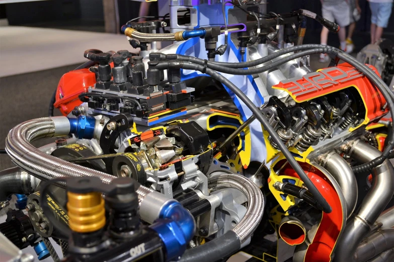 a close up of a motorcycle engine on display, shutterstock, assemblage, with elements of the f40, black and yellow and red scheme, liquid cooling, with pipes attached to it