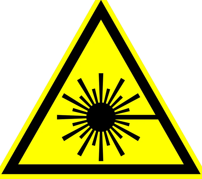 a yellow triangle with a black starburst on it, rayonism, laser blasts, high voltage warning sign, wikimedia, hsl