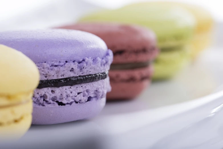 a row of macarons sitting on top of a white plate, a pastel, by Jan Kupecký, yellow purple green black, close-up product photo