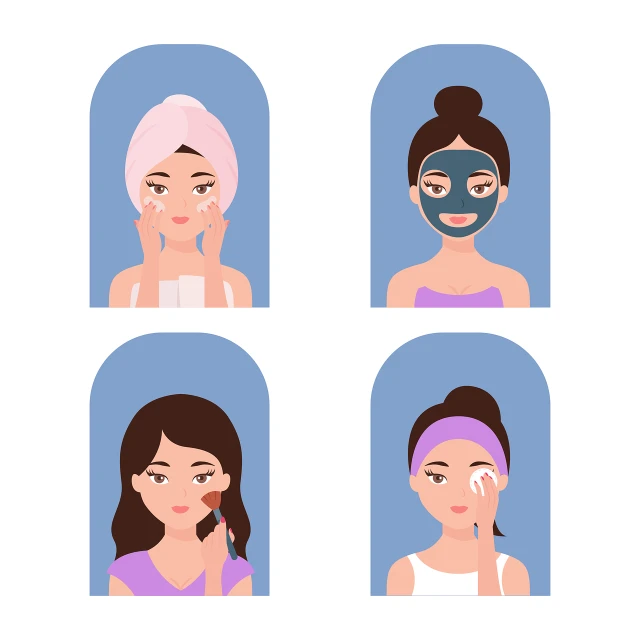 a woman with a towel on her head, a woman with a towel on her head, a woman with a towel on her head, and, vector art, shutterstock, aestheticism, photoshoot for skincare brand, flat color, symmetrical face illustration, various posed