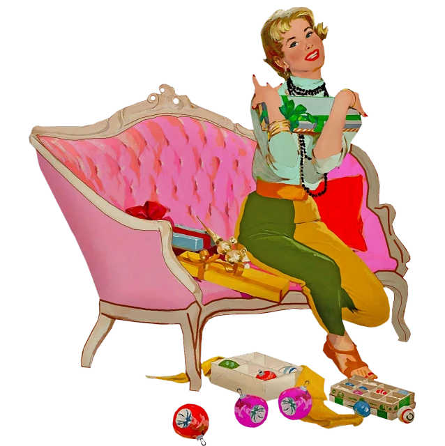a woman sitting on top of a pink couch, inspired by Robert Ballagh, cg society contest winner, pop art, the woman holds more toys, circa 1958, everything is made of candy, sitting in fancy chair