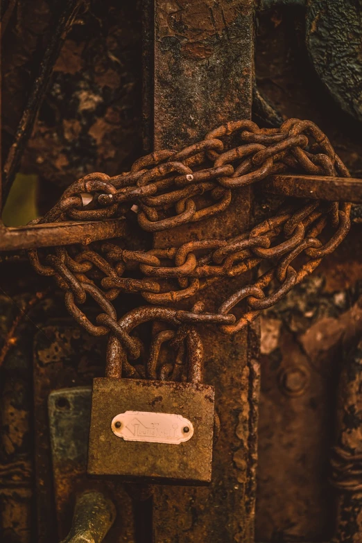 a close up of a chain and a padlock, assemblage, dimly lit underground dungeon, 🦩🪐🐞👩🏻🦳, rusty colors, blockchain vault