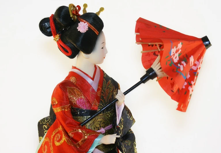 a figurine of a woman holding a red umbrella, inspired by Uemura Shōen, cg society contest winner, detail, japanese robot geisha, -h 1024, realistic cloth puppet