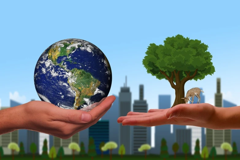 two hands holding a globe in front of a city, a picture, naturalism, deforested forest background, watch photo, created in adobe illustrator, dsrl photo