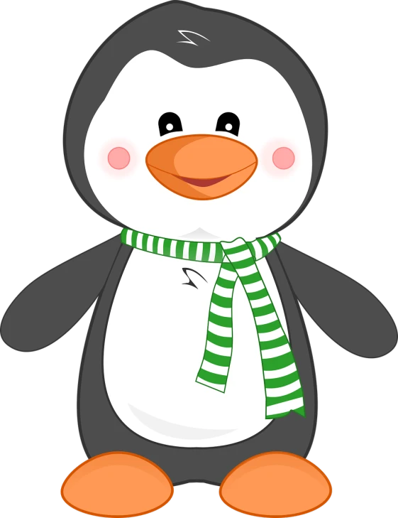 a cartoon penguin wearing a green and white scarf, vector art, pixabay, sōsaku hanga, he is wearing a black, captura