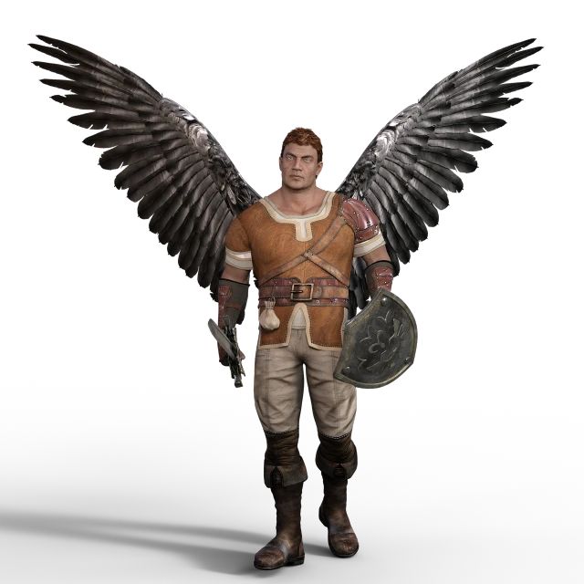 a man with wings on a black background, concept art, zbrush central contest winner, renaissance, full - body portrait of a ranger, 3 d render of jerma 9 8 5, fullbody photo, npc with a saint\'s halo