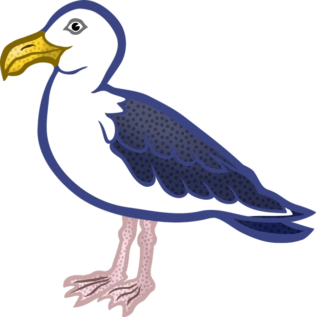 a close up of a bird on a black background, an illustration of, inspired by Aldus Manutius, seagull, full color illustration, clipart, navy
