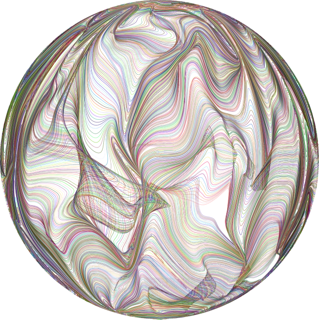 a multicolored circular object on a black background, a digital rendering, inspired by Lorentz Frölich, pronounced contours, marbled swirls, wires earth background, rounded lines
