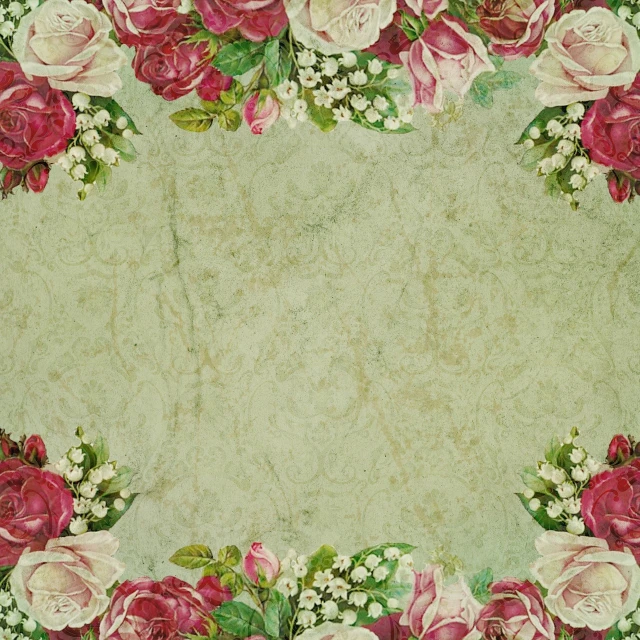 a green background with pink roses and baby's breath, baroque, textured parchment background, corners, white and red roses, squared border