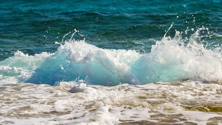 a person riding a surfboard on top of a wave, by Robert Griffier, unsplash, painting of splashing water, glistening seafoam, mediterranean beach background, wallpaper - 1 0 2 4
