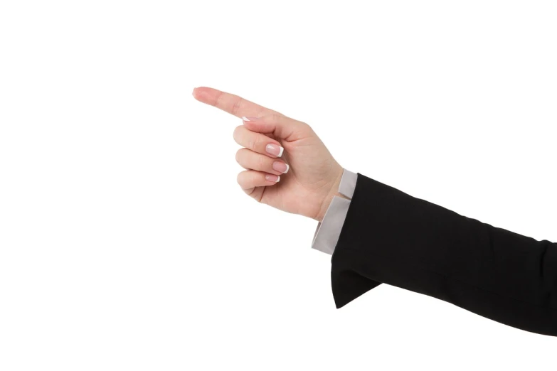 a person in a suit pointing at something, a stock photo, by Robert Medley, shutterstock, realism, real human female hand, close up shot from the top, isolated on white background, wearing a black blazer