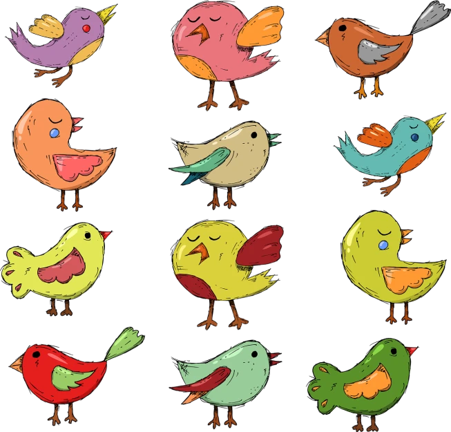 a bunch of different colored birds on a black background, mingei, cartoon style illustration, full color illustration, added detail, nipple