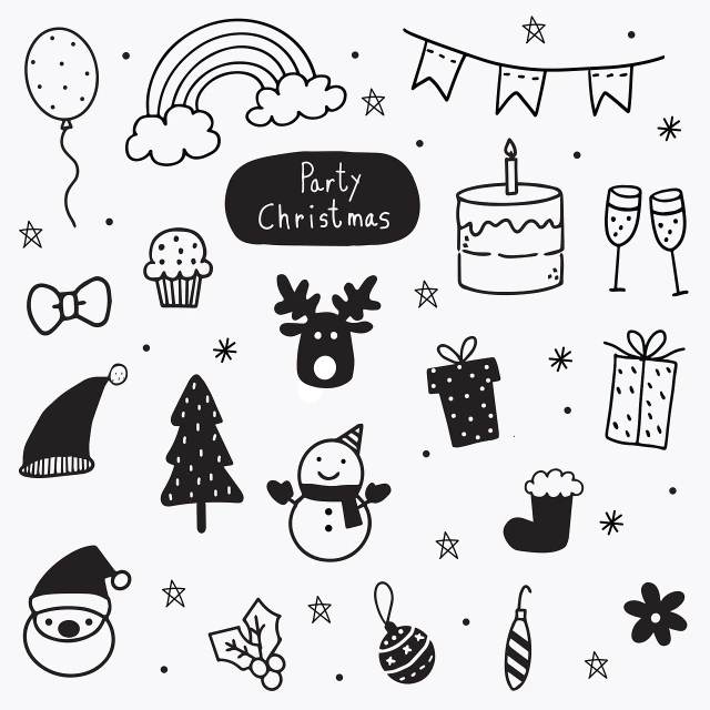 a black and white drawing of christmas items, a cartoon, by Puru, birthday party, girly, icons, diy