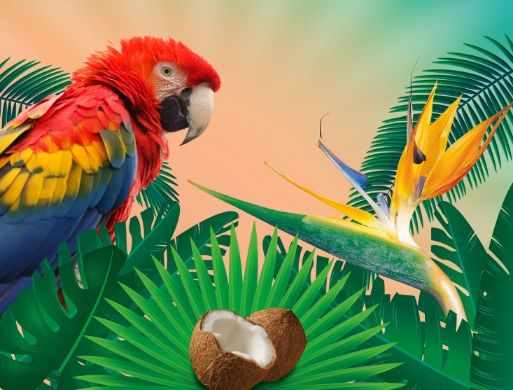 a parrot sitting on top of a palm tree next to a coconut, shutterstock, fine art, tricolor background, the image is refined with uhd, summer festival in background, red background photorealistic