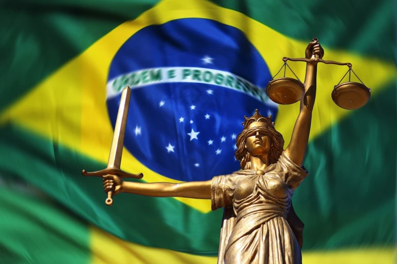 a statue of a lady justice holding a sword, a photo, by Willian Murai, shutterstock, unilalianism, brazilian flag, ultrafine detail ”