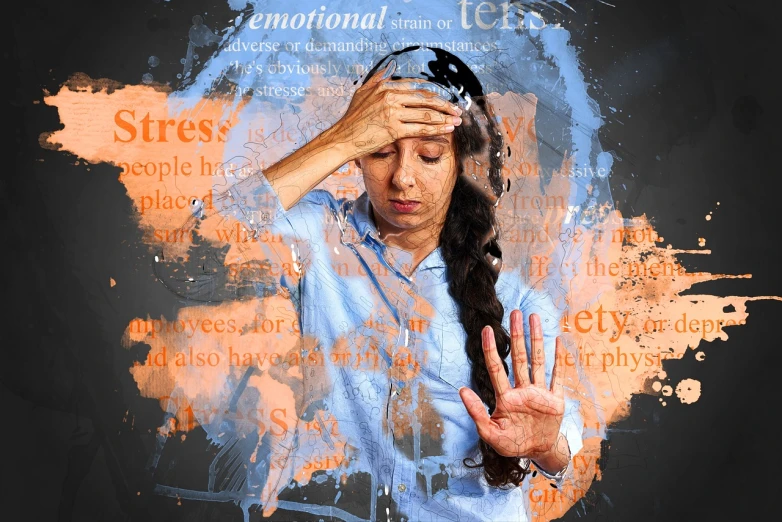 a woman holding her head in her hands, a picture, shutterstock, graffiti, hd mixed media 3d collage, stressed out, pc screen image, words