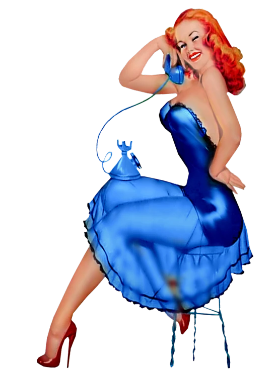 a woman in a blue dress talking on a telephone, a colorized photo, inspired by Gil Elvgren, flickr, pop art, blue and red hair, 3 d cg, curves!!, phone wallpaper