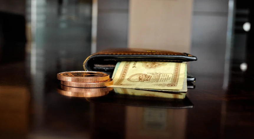 a wallet filled with money sitting on top of a wooden table, copper and brass, photo 50mm, guilloche, 2 1 st century