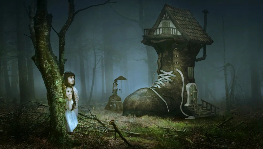 a woman standing in front of a tree house, digital art, inspired by Alexander Jansson, pop surrealism, shoes, mobile wallpaper, he has boots, very scary photo