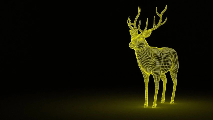 a deer that is standing in the dark, a 3D render, by Andrei Kolkoutine, wireframe, best on adobe stock, gold green creature, large arrays data holograms