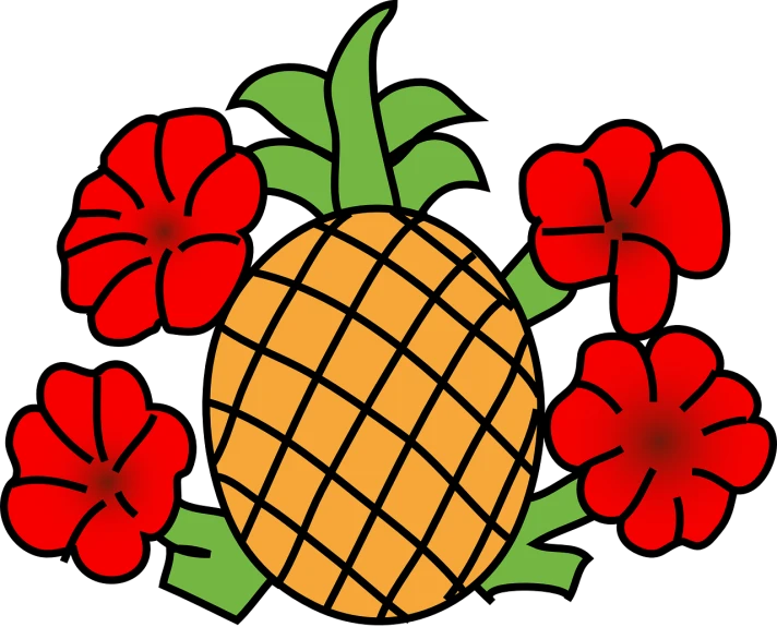 a pineapple surrounded by red flowers on a black background, inspired by Masamitsu Ōta, flag, cutie mark, turtle, wikimedia