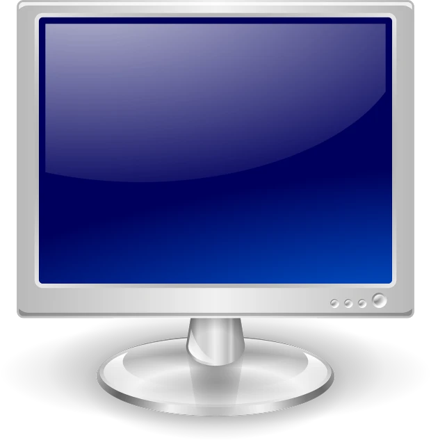a computer monitor sitting on top of a table, computer art, dark blue color, clip-art, silver, lcd screen