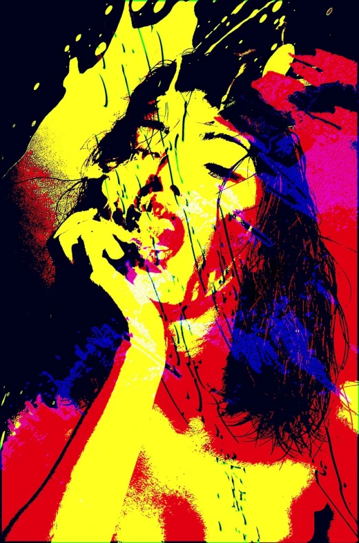 a painting of a woman with hair blowing in the wind, a pop art painting, inspired by Bert Stern, pop art, [ digital art ]!!, high contrast colours, cell phone photo, megan fox colorful portrait