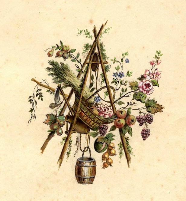 a drawing of a basket of fruit and vegetables, by Lubin Baugin, flickr, folk art, wilted flowers, neoclassical composition, harp, nineteenth century