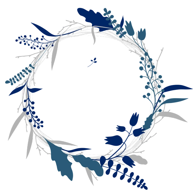 a wreath of blue flowers and leaves on a black background, a digital rendering, white grey blue color palette, willow plant, circle forms, thorn crown