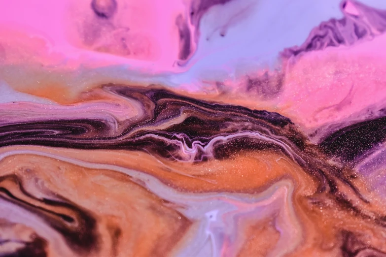 a close up of a liquid painting on a surface, abstract art, synthwave colours, made of liquid metal and marble, pink and orange colors, abstract claymation