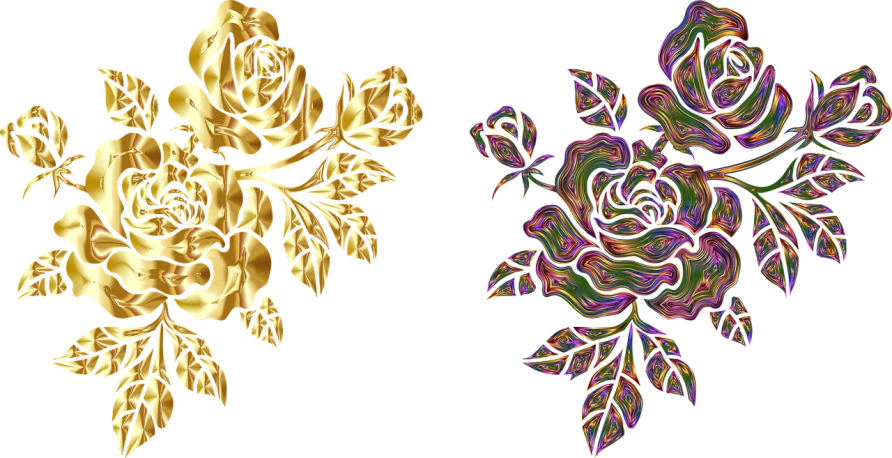 a gold rose on a black background and a gold rose on a black background, a raytraced image, generative art, bismuth rainbow metal, floral embroidery, laser cut textures, glsl - shaders