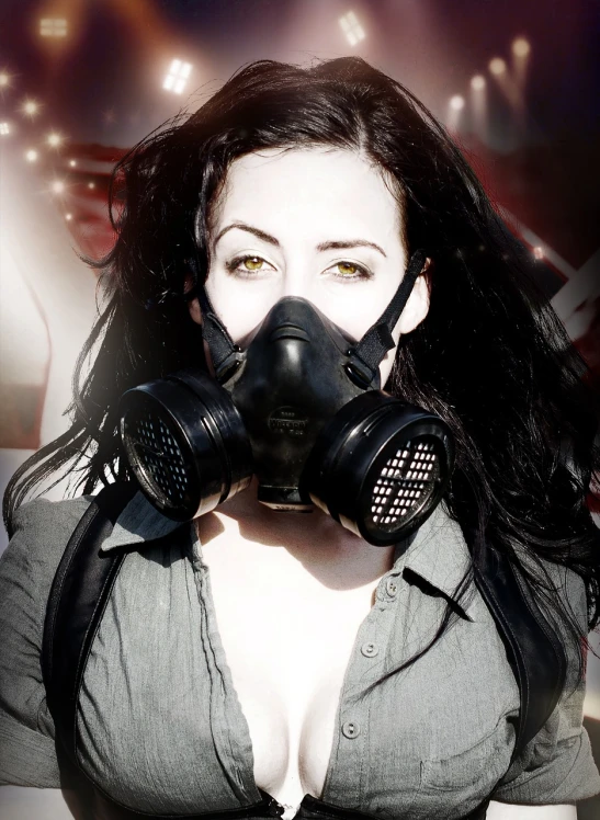 a woman with a gas mask on her face, inspired by Aleksander Gierymski, flickr, transgressive art, in a style blending æon flux, badass filters and effects, furious dark haired women, tear gas