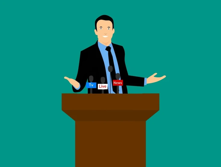 a man giving a speech at a podium, a cartoon, trending on pixabay, excessivism, ben shapiro, handsome, detailed professional photo, sports broadcast