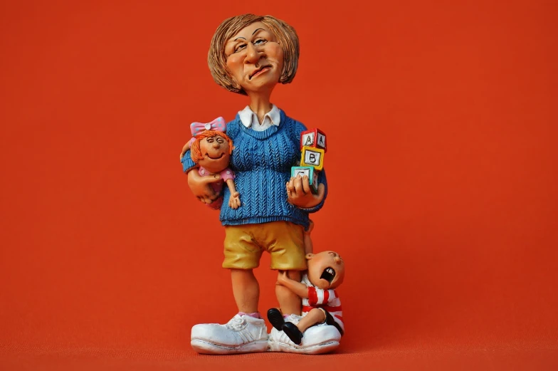 a figurine of a woman holding two dolls, by senior artist, cartoon character, very very well detailed image, an oldman, marketing photo