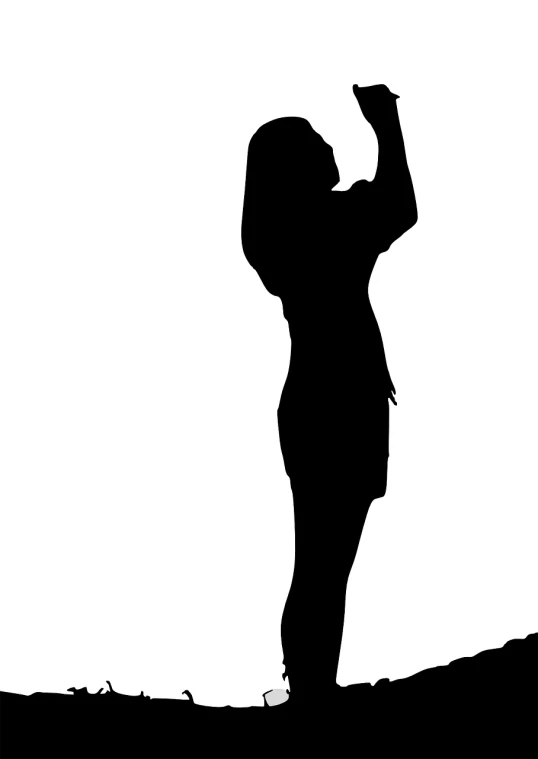 a silhouette of a woman throwing a frisbee, trending on pixabay, figuration libre, checking her cell phone, looking upwards, full body grayscale drawing, standing on a ladder