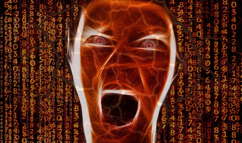 a close up of a person's face with numbers in the background, digital art, by Jon Coffelt, digital art, man screaming, twisted energy flow, warning, red mesh in the facede