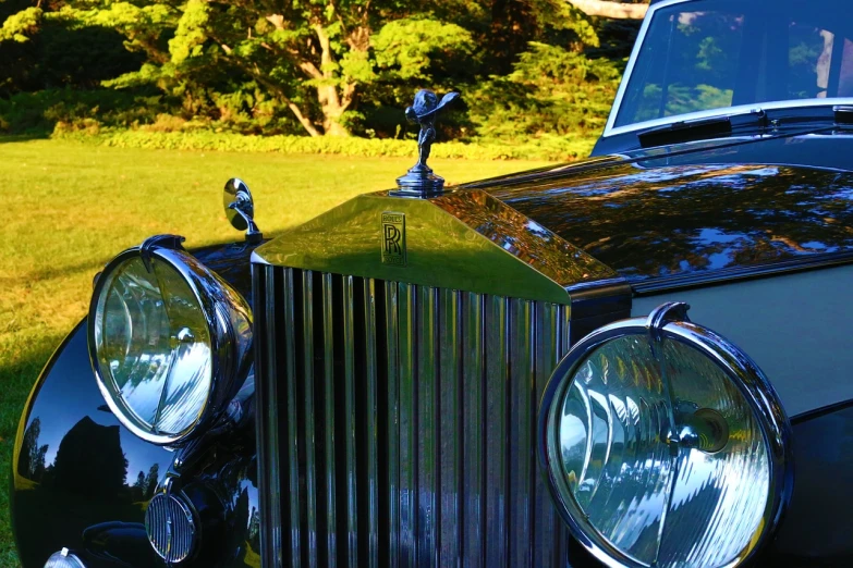 a close up of the front of a classic car, by Jim Nelson, renaissance, summer morning light, phantom, royality, sparkling