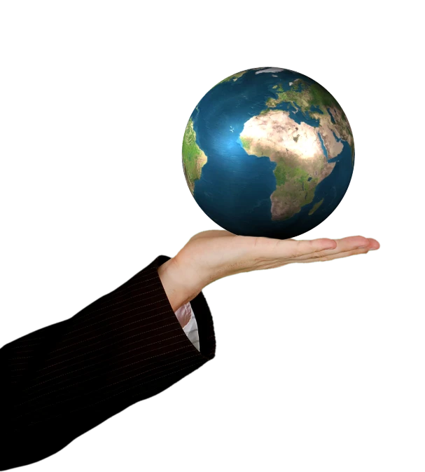 a person holding a globe in their hand, a photo, on black background, high res photo