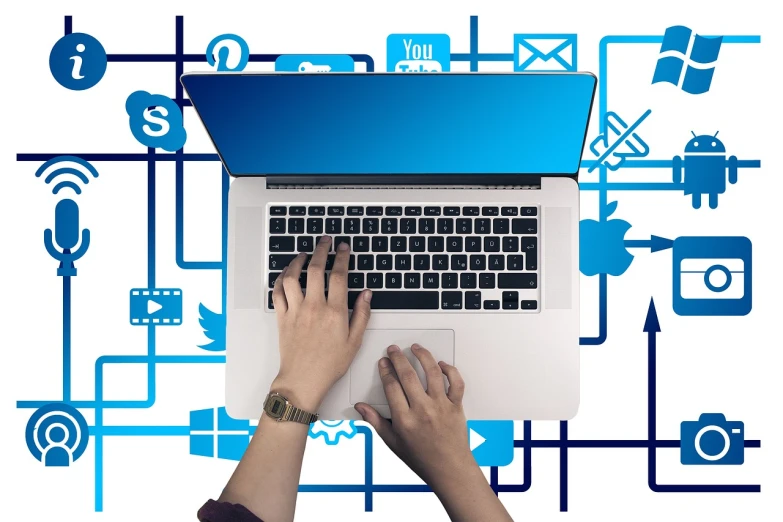 a person typing on a laptop surrounded by social icons, a computer rendering, by Mirko Rački, trending on pixabay, blue print, journalism, !!beautiful!!, ads